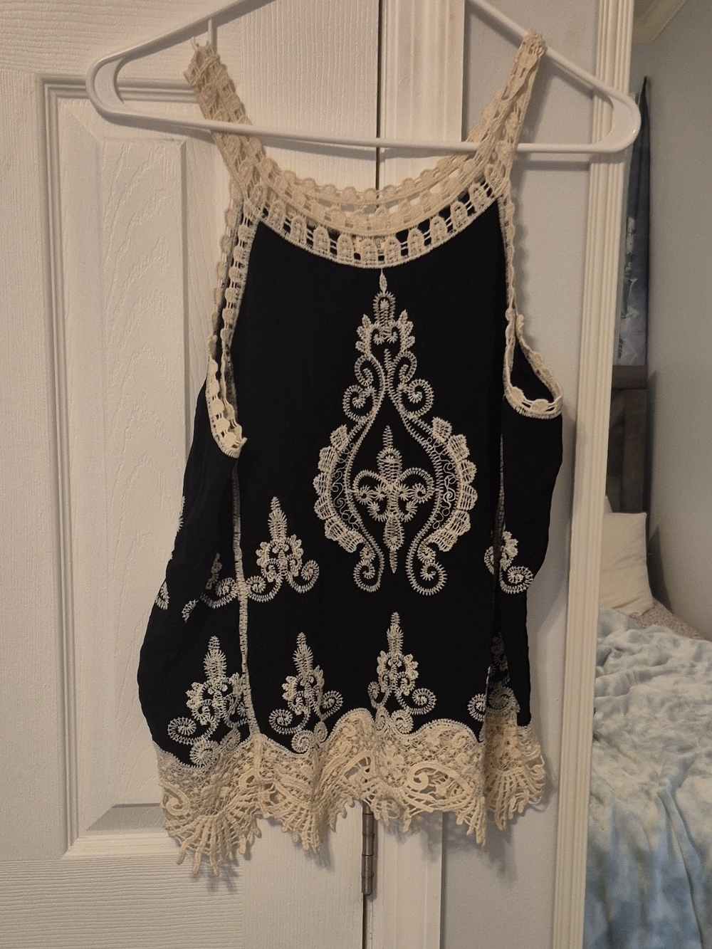Ultra Pink Black Tank Top with Cream Crochet Trim